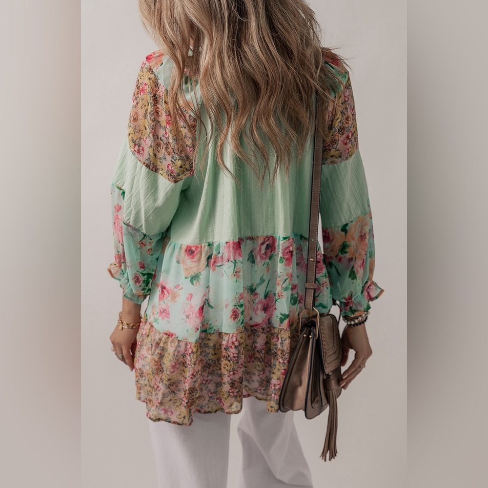 Green Printed Floral Patchwork Frilled Split
Neck Blouse Bohemian Top - Picture 3 of 16